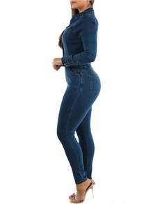 HERTALK Women Sexy Denim Buttons Lapel Full Length Jumpsuit Denim Overalls - 藍色 - 查看 3