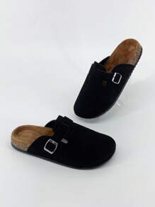 Sandalias de diapositivas de verano 2025, parte superior de cuero con diseño de hebilla, suela gruesa de corcho suave, elevada, de unicolor, simple, adecuada para exteriores, viajes, estilo casual de calle, a juego de pareja, pantuflas tipo mula sin cordones, cuero de alta calidad, cómoda, para uso interior y exterior