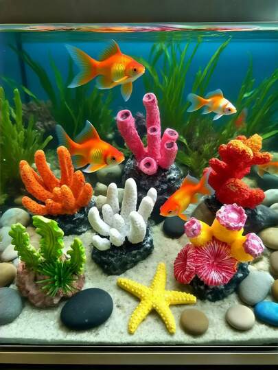 5-Piece Ocean-Themed Simulated Coral, Starfish And Seaweed Mixed Set, Suitable For Freshwater/Saltwater Fish Tanks And Aquariums. Marine Plant Decoration - Easy To Clean, Cute Underwater Shape, Fun Design, Fine Carving, Gift For Aquarium Enthusiasts