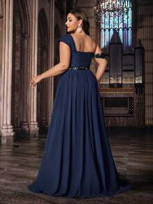 Elisanya Sanft elegantes einfarbiges Chiffon-Kleid in Große Größen mit Pailletten-Einsätzen, trägerlos und mit Schlitz - marineblau - Übersicht 2