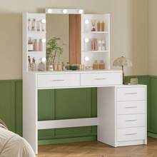 Großer Schminktisch mit Spiegel und Beleuchtung, Schminktisch mit 6 Schubladen und 4 offenen Ablageflächen, Schminktisch-Set mit Hocker, für Frauen und Mädchen