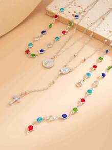 4 件时尚独特的十字架吊坠项链，多层珍珠长链颈链，适合父亲节和母亲节 - 4件套款式3 - 查看 6