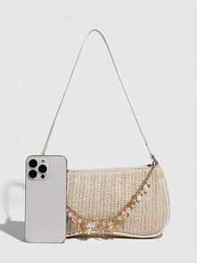 Minimalist Versatile Small Shoulder Bag, Underarm Bag, Baguette Bag, Woven Bag, Women Straw Bag - Beige - View 7