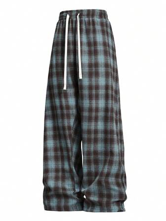 מכנסי טרנינג בגזרה ישרה עם שרוך, משובצים במידות גדולות, מתאים לכל עונות השנה