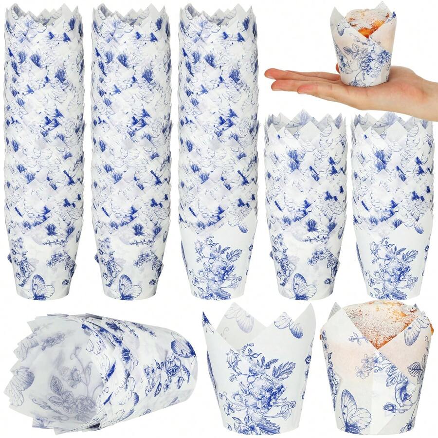 200 Pcs Chinoiserie Blue White Flower Tulip Cupcake Liners Paper Mini Baking Cups Cupcake Wrappers Muffin Liners For Wedding Tea Party Bridal Baby Shower Decoration
