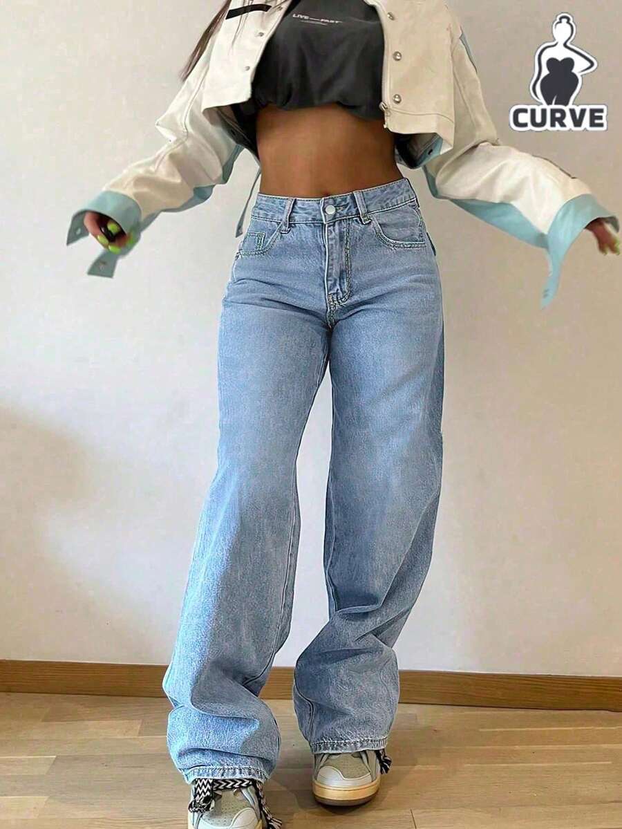 Women Retro Minimalist Elastic Waist Loose Straight Leg Jeans