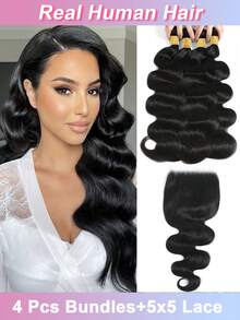 Ciocche di capelli umani con onde del corpo con chiusura, con linea dei capelli pre-sfoltita, 4 ciocche di capelli umani con chiusura in pizzo 5x5, pizzo trasparente frontale con baby hair, capelli naturali