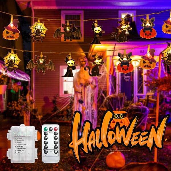 1 pieza, 2m-200cm/3 Metros-300cm Luces de decoración de Halloween LED, Decoración colgante de calabaza, fantasma, murciélago, araña, luces de ambiente para fiesta (con caja de batería y control remoto) Decoración de Halloween para habitación, jardín, regalo, vacaciones, festivales