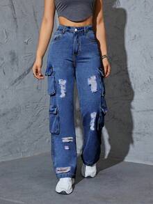 女式高腰破洞直筒多口袋工装牛仔裤