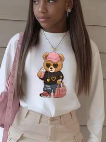 1 件女童休闲印花圆领长袖 T 恤，秋季学生年轻服装 - 白色 - 查看 7