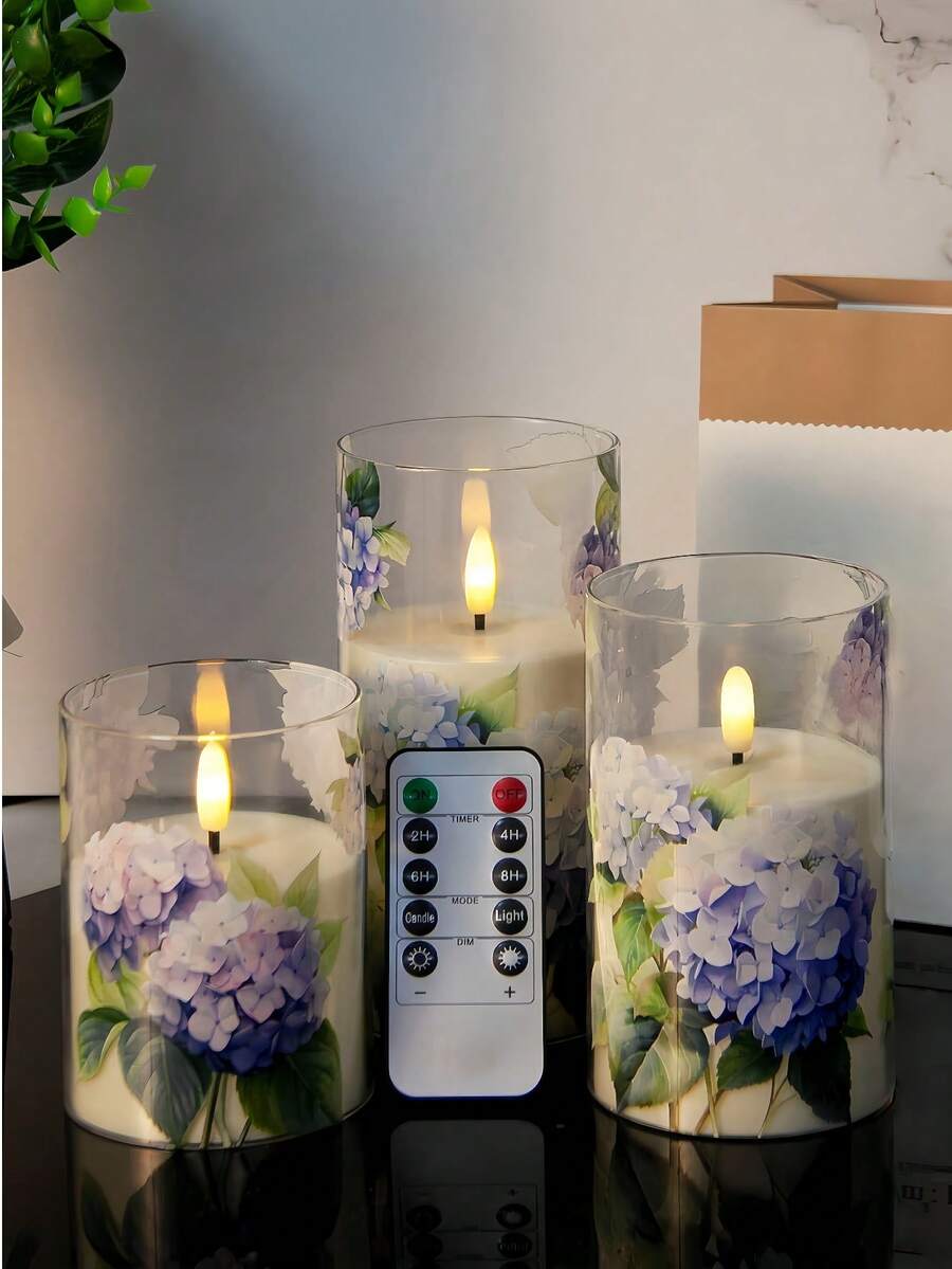3 Pieces Hydrangea - Flameless Acrylic Candles With Remote Control Timer, Flickering Pillar LED Candles, Perfect For Mother's Day Gifts, Table Centerpieces, Home Decor - 暖白光 - 查看 1