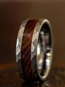 8mm Fashion Stainless Steel Rings For Men Vintage Hammered Silvery Whiskey Barrel Koa Wood Men Rings Jewelry Accessories Party Gift