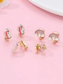 3 对/套锌合金独角兽、美人鱼和彩虹形夹式耳环，无需穿孔，适合日常佩戴的装饰配件