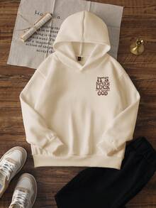 1件青少年男童休闲印花套头卫衣，保暖内衬，长袖，适合秋冬季节、学生及青少年休闲穿着 - 杏色 - 查看 4