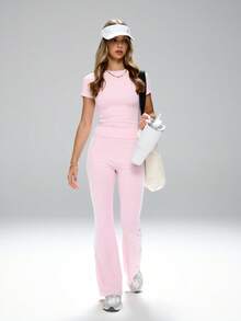 FWH Collegiate/Sporty Casual Style, Slim-Fit Flattering, Elastic & Comfortable, Suitable For Yoga/Fitness, Waist-Cinching Elongates Leg Lines, Free Movement, Enhances Figure, Shaping Compression Waistband, Flared Pant Legs, 4-Way Stretch Fabric, Allows Free Activity, Shine Bright! Relaxed Fit T-Shirt + Slim Flare Pants, 2 Pieces Campus Style Activewear Set - Pink - View 9