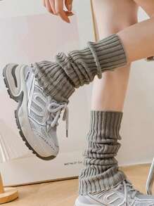 1 双女士宽松纯色 Y2K 别致过膝腿套，针织竖条纹厚腿套，适合秋冬季秋季配饰 - 襪套 - 查看 3