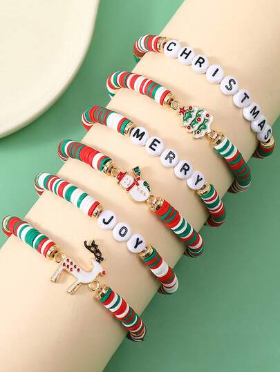 Set da 6 braccialetti con ciondoli in argilla polimerica a tema natalizio: renne, pupazzo di neve, albero di Natale, adatti per uomo e donna, regalo per feste