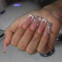 Long Square Press On Nails White French Tip Fake Nails Nude Full Cover Glue On Nails With 3D Butterfly Heart Designs Long Square Nail Press Ons Sparkly Cute Stick On Nails For Women 24Pcs - 長款-C5C37 - 查看 3