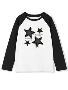 Women's Loose Casual Versatile Printed Raglan Sleeve Contrast Color Cartoon Print Long Sleeve T-Shirt - Black and White - View 4