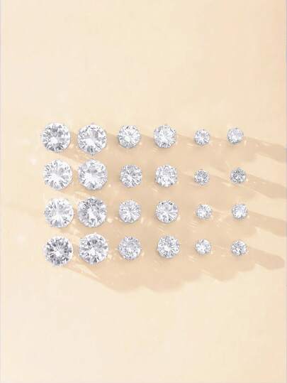 Conjunto de 24 brincos brilhantes de zircônia cúbica minimalista, joias da moda para festas, encontros, presentes, uso diário