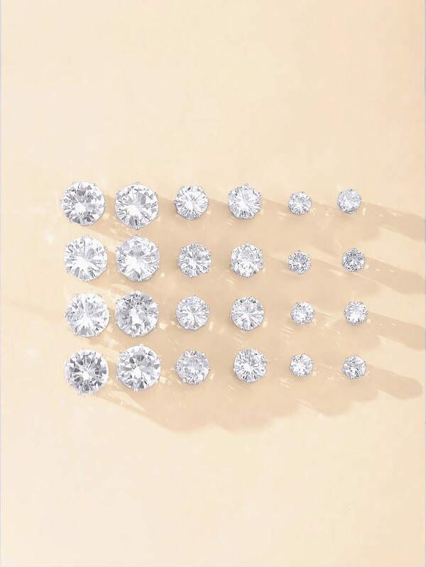 24pcs Minimalist Cubic Zirconia Sparkling Earrings Set, Fashion Jewelry For Party, Date, Gift, Everyday Wear