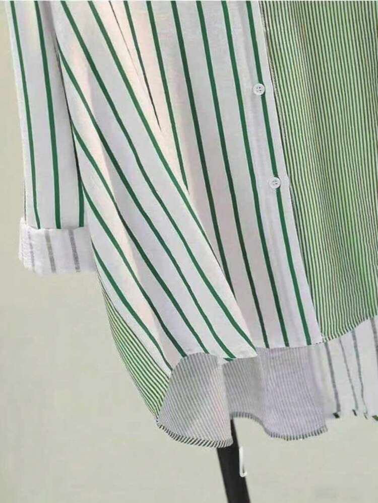 Women's Green Casual And Simple Striped Button Pocket Shirt For Daily Use In Spring, Summer, And Autumn. - Green and White - View 4