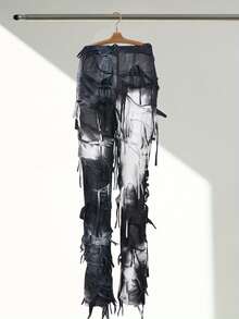 Women Tie Dye Pants Distressed Flared Leggings Pants Casual Tassels Bell Bottoms Bootcut Hip Hop Trousers For Streetwear - 黑色 - 查看 4