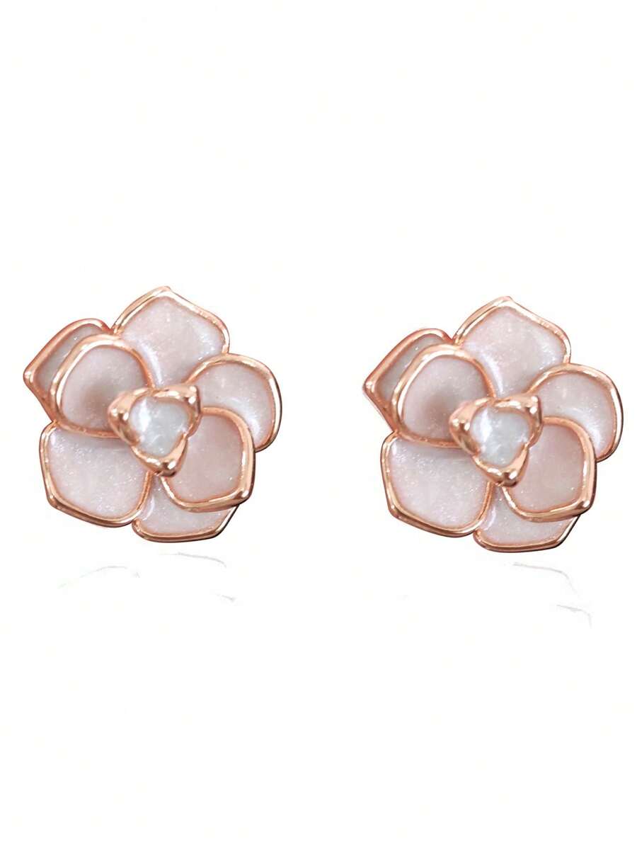 1 Đôi bông tai đính đá Cubic Zirconia hình hoa đơn giản dành cho nữ dùng để trang trí tiệc cưới, đính hôn, kỷ niệm ngày cưới, quà tặng ngày lễ tình nhân - Hoa hồng vàng - Xem 1