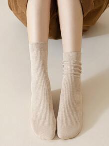 1/6 Pairs Women Melon Color Solid Simple Fashion Versatile Comfortable Soft Fleece Lined Mid-Calf Socks, Suitable For Casual Daily Wear