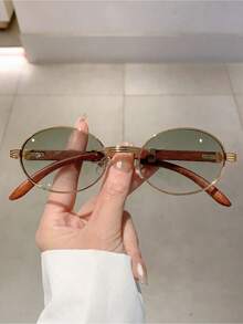 New Retro Oval Frame Fashion Glasses With Design And Wood-Grain Textured Arms Vintage Shades Beach Accessories Beach Accessories Women Glasses Shades Summer Beach Vacation,Outdoor,Travel Temple Decoration Vintage Style Oval Frame Going Out Outfit,Back To School2026 - C1 金色透明邊框 - 查看 2