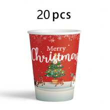 20/50pcs Christmas Tree Elements Merry Christmas Theme Party Supplies, Coffee Cups, Cold Drink Cups, 250ML Paper Cups - Red - View 3