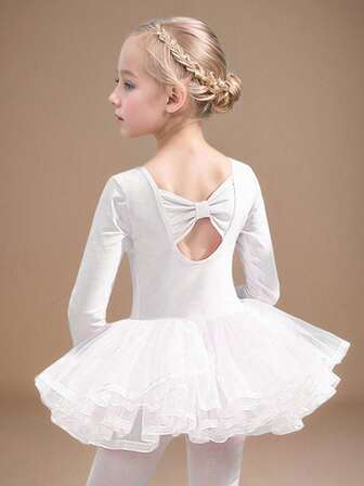 女童粉色长袖薄纱裙，儿童芭蕾舞裙，后背镂空蝴蝶结，舞蹈运动服