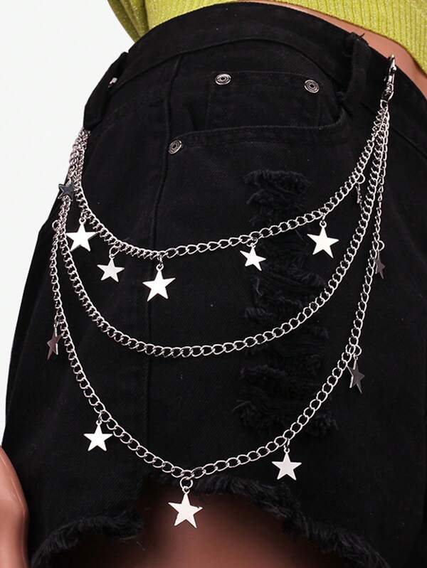 1pc Punk Star Pendant Multi-Layer Metal Chain Belt Accessory, Unisex Fashion Waist Chain Decor