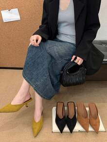 女款黃色法式穆勒涼鞋，尖頭高跟黃色套腳露跟涼鞋，夏季新品優雅包頭拖鞋，優雅、派對、細跟 - 黃色 - 查看 4