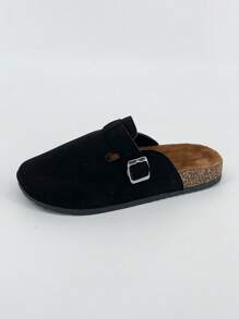 Sandalias de diapositivas de verano 2025, parte superior de cuero con diseño de hebilla, suela gruesa de corcho suave, elevada, de unicolor, simple, adecuada para exteriores, viajes, estilo casual de calle, a juego de pareja, pantuflas tipo mula sin cordones, cuero de alta calidad, cómoda, para uso interior y exterior