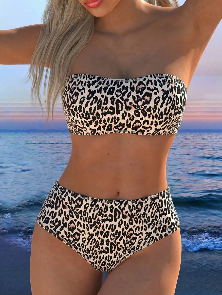 New European & American Sexy High Waist Leopard Print Bandeau Bikini 2 Pieces Swimsuit Set