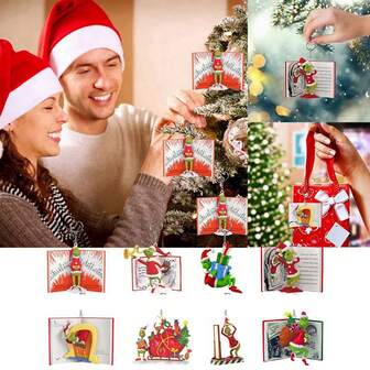 8个圣诞卡通吊坠，绿色亚克力饰品，配金色挂绳