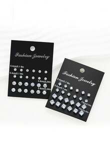 48 piezas Pendientes de botón con circonita cúbica geométrica redonda y cuadrada brillante, estilo simple punk y hip hop, set grande, adecuado para fiesta, festival, cita, regalo y uso diario - Multicolor - Ver 5