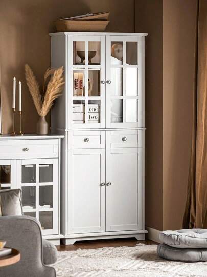 SoBuy FSB76-W, Wysoka szafka z 2 szafkami i 2 szufladami, kuchnia jadalnia salon wysoka szafka kredens