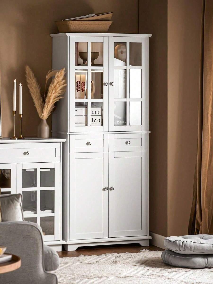 FSB76-W, Tall Cupboard With 2 Cabinets And 2 Drawers, Kitchen Dining Room Living Room Tall Cabinet Cupboard Sideboard - White - View 1
