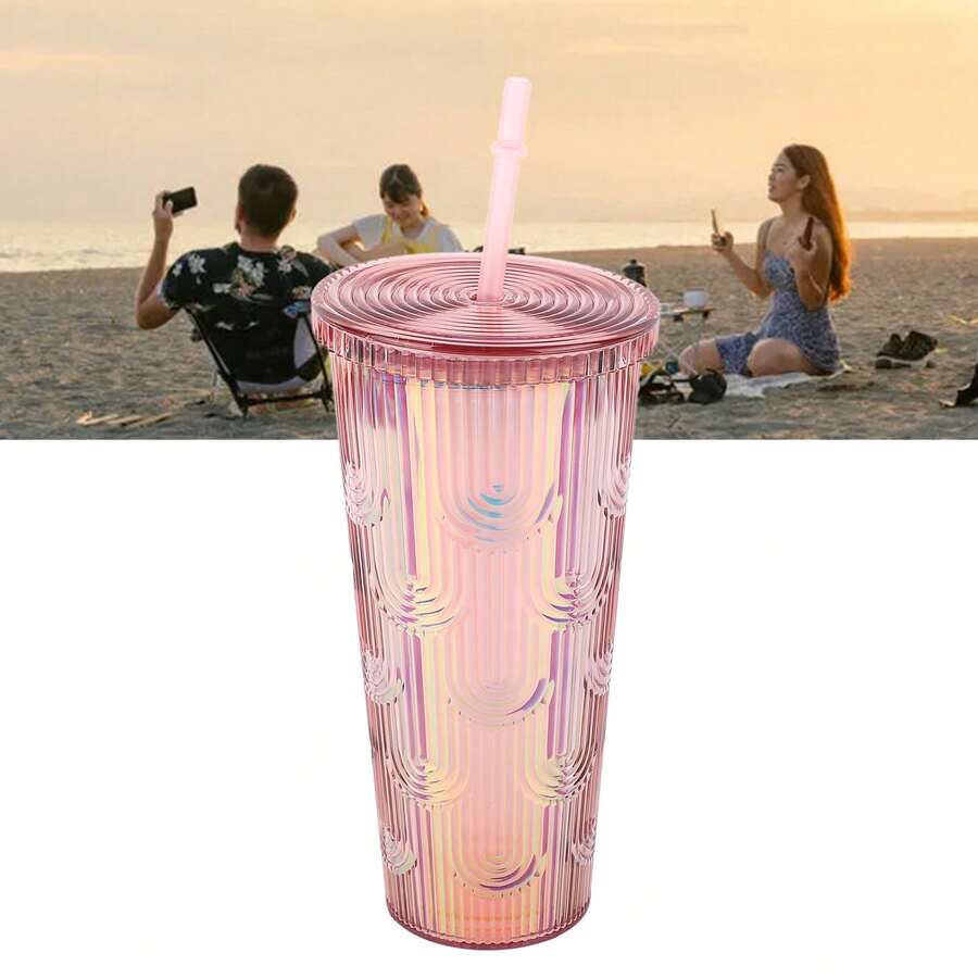 Vasos de viaje térmicos de gran capacidad, a prueba de fugas, reutilizables, modernos, con doble pared y pajita, unisex. - Rosa - Ver 1