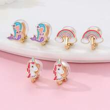 3 对/套锌合金独角兽、美人鱼和彩虹形夹式耳环，无需穿孔，适合日常佩戴的装饰配件