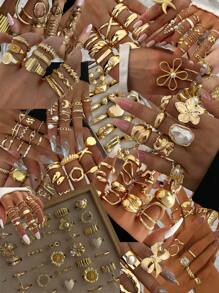 51/34/15/3pcs Vintage, Boho, Minimalist Elegant Retro Design Layered Rings Set, Flower, Bow, Pearl, Twisted, Heart, Rhinestone, Leaf, Moon, Star, Eye, Geometric, Cross, Chunky Rings, Suitable For Holiday, Party, Date, Gift, Daily Wear (Random Delivery)