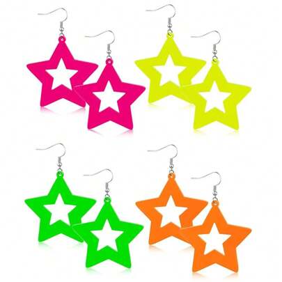 1Pair Acrylic Pentagram Earrings Neon Acrylic Pendant Star Pendant Drop Dangle Earrings 80s Jewelry Colorful Neon Star Tassel Earrings For Women, Simple & Fresh Hollow Out Star Design Stud Earrings Perfect For Parties, Casual Wear And Daily Outfits