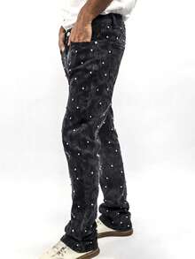 Diamond Print Elastic Tight Jeans, Men's Straight Leg Jeans, Casual Pants, Slim Fit Jeans, Retro Beggar Hip-Hop Pants - 黑色 - 查看 6