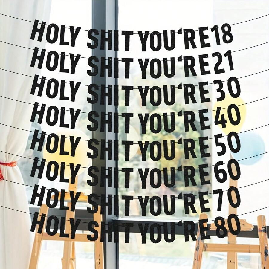 1 Set Black Glitter "Holy You're 18/21/30/40/50/60/70/80" Birthday Banner, Happy Birthday Party Decorations