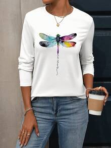 Camiseta de manga larga con cuello redondo de moda y casual para mujer de talla grande, camiseta gráfica con eslogan de libélula, blusas diarias de otoño para mujer