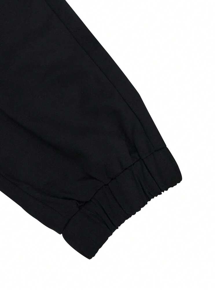 男士休闲户外工装裤，纯色踝部系带抽绳多口袋七分裤，简约百搭，弹性腰带，适合送给丈夫或男友 - 黑色 - 查看 6