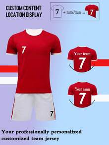 Customized Product: Personalized Name/Number/Team Customization, 22-23 Season Home Jersey #7/CR*7 Jersey, Youth/Kids/Boys Soccer Uniform Set, Sportswear & Casual Wear, Round Neck Top And Shorts, Suitable For Boys Sports, Training And Leisure Wear, Outdoor Perfect Choice - Red and White - View 4