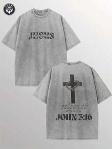 1pc, 230G Double-Sided Washed Jesus Saved Me Printed T-Shirt, High-Quality Wax Printed Cotton Retro Fashion Brand T-Shirt, Suitable For Summer T-Shirts With A Certain Thickness, Holiday GiftRound Neck Cotton Women's T-Shirt - 灰色 - 查看 1